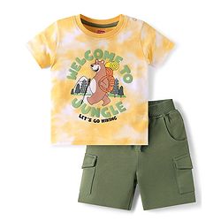 Babyhug Single Jersey Knit Half Sleeves T-Shirt & Shorts Set With Bear Print - Yellow & Olive Green