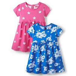 Babyhug Single Jersey Knit Half Sleeves Floral Printed Frocks With Bow Applique Pack of 2 - Blue & Pink