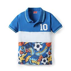 Babyhug Cotton Knit Half Sleeves Polo T-Shirt With Football Graphics - Blue
