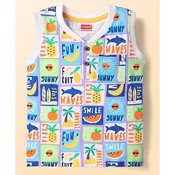 Babyhug Cotton Knit Sleeveless Henley Tank T-Shirt with Beach Theme Print - White
