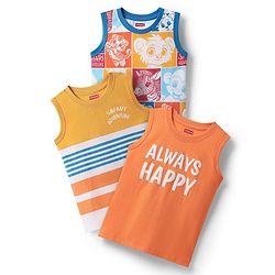 Babyhug Cotton Knit Sleeveless Tank T-Shirts with Safari Print & Stripes Pack of 3 - Multicolor