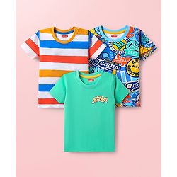 Babyhug Cotton Knit Half Sleeves T-Shirts with Text Print & Stripes Pack of 3 - Multicolor