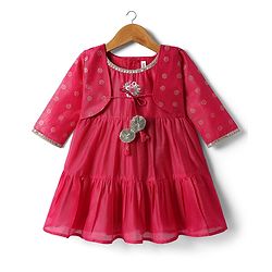 Babyhug Woven Ethnic Dress & Three Fourth Sleeves Jacket With Floral Print & Embroidery - Dark Pink