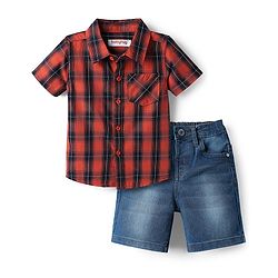 Babyhug Cotton Woven Half Sleeves Shirt & Short Set With Checks Print - Red & Blue