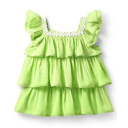 Babyhug Crinkled Crepe Woven Frill Sleeves Layered Top with Lace Detailing - Light Green