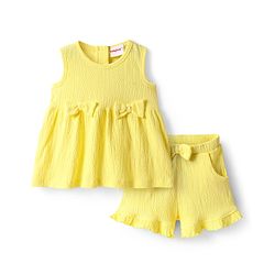 Babyhug Single Jersey Knit Sleeveless Solid Top & Shorts Set With Bow Applique - Yellow
