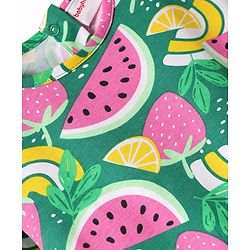 Babyhug Single Jersey Knit Half Sleeves Fruits Printed Top & Woven Stretch Twill Shorts Set - Green & Pink
