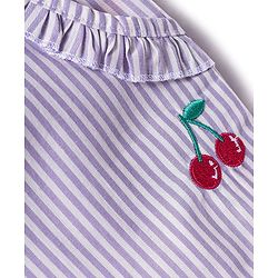 Babyhug Cotton Woven Sleeveless Striped Halter Neck Top & Shorts Set with Bow Applique & Tropical Theme Embroidery - Lavender