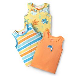 Babyhug Single Jersey Knit Sleeveless Sandos With Stripes & Fish Print Pack Of 3 - Yellow Orange & Light Blue