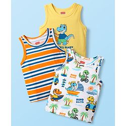 Babyhug 100% Cotton Antibacterial Sleeveless Vests With Stripes & Dino Print Pack Of 3 - Yellow Orange & White