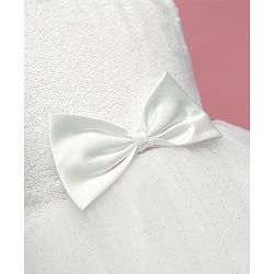 Babyhug Woven Sleeveless Sequinned Yoke Mesh Party Dress With Bow Applique - White