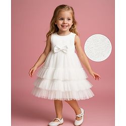 Babyhug Woven Sleeveless Sequinned Yoke Mesh Party Dress With Bow Applique - White