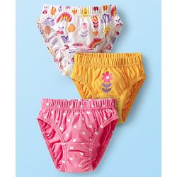Babyhug 100% Cotton Antibacterial Panties With Heart & Floral Print Pack Of 3 - Dark Pink Yellow & White