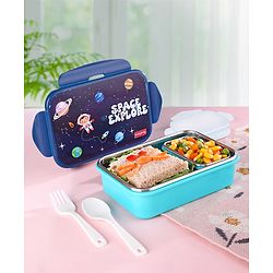 Babyhug Space Stainless Steel Lunch Box|BPA Free|Leak Proof|1 Lunch Box, 1 Container,1 Spoon, 1 Fork|550ML,110ML|Perfect for School Kids & Outdoors|(Color May vary)