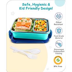 Babyhug Space Stainless Steel Lunch Box|BPA Free|Leak Proof|1 Lunch Box, 1 Container,1 Spoon, 1 Fork|550ML,110ML|Perfect for School Kids & Outdoors|(Color May vary)