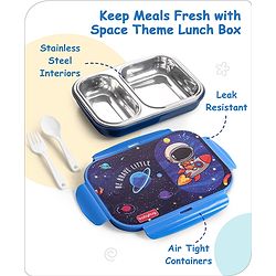 Babyhug Space Stainless Steel Lunch Box|BPA Free|Leak Proof|2 compartment,1 Spoon and 1 Fork|550 ML|Perfect for School Kids & Outdoors|Navy Blue