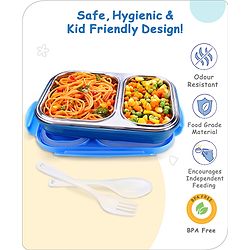 Babyhug Space Stainless Steel Lunch Box|BPA Free|Leak Proof|2 compartment,1 Spoon and 1 Fork|550 ML|Perfect for School Kids & Outdoors|Navy Blue