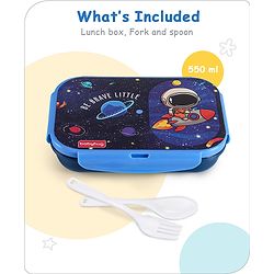 Babyhug Space Stainless Steel Lunch Box|BPA Free|Leak Proof|2 compartment,1 Spoon and 1 Fork|550 ML|Perfect for School Kids & Outdoors|Navy Blue