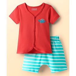 Babyhug Cotton Knit Half Sleeves Shorts Night Suit With Stripes & Dino Print - Red