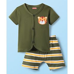 Babyhug Cotton Knit Front Open Half Sleeves Shorts Night Suit With Animal Print - Olive Green