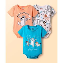Babyhug Disney Interlock Knit Half Sleeves Onesies with Mowgli & Friends Graphics Pack of 3 - White Orange & Blue