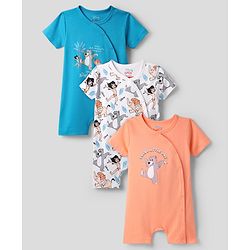 Babyhug Disney Interlock Knit Half Sleeves Rompers With Disney Character Graphics Pack of 3 - Sea Green Blue & White