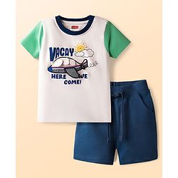 Babyhug Single Jersey Knit Half Sleeves Tropical Theme Printed Shirt & Shorts Set - Blue & White main image 0