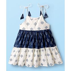Babyhug Cotton Woven Sleeveless Ethnic Dress With Cambric Print - White & Blue