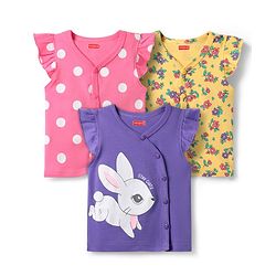 Babyhug 100% Cotton Interlock Knit Frill Sleeves Front Open Vest With Polka Dots & Floral Print Pack Of 3 - Purple Yellow & Pink
