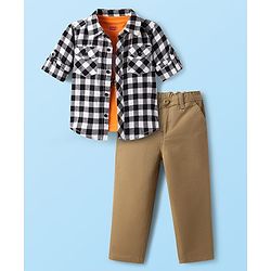 Babyhug Cotton Woven Full Sleeves Checks Shirt & Denim Jeans Set With Text Printed T-Shirt - Multicolor