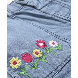 Babyhug Ankle Length Cotton Denim Culottes with Floral Embroidery - Light Blue