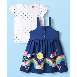 Babyhug 100% Cotton Half Sleeves Polka Dots Printed Inner Tee With Rainbow Printed Frock - Blue & White