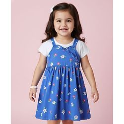 Babyhug Single Jersey Knit Floral Printed Frock With Half Sleeves Inner Tee - Blue