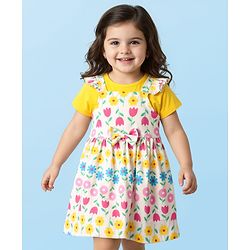 Babyhug Single Jersey Knit Half Sleeves Frock & Inner Tee with Floral Print - White