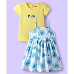 Babyhug 100% Cotton Half Sleeves Inner Tee With Floral Printed & Bow Applique Frock - Light Blue & Yellow