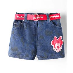 Babyhug Disney Denim Short With Minnie Mouse Print & Belt - Navy Blue