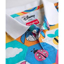 Babyhug Disney Single Jersey Knit Half Sleeves Polo T-Shirt & Denim Shorts Set with Suspender & Winnie the Pooh Graphics - Navy Blue & White
