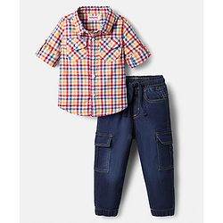 Babyhug Cotton Woven Full Sleeves Checks Shirt & Denim Jeans Set - Multicolor