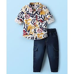 Babyhug Cotton Woven Full Sleeves Shirt and Jeans with Floral Print - White & Navy Blue