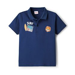Babyhug 100% Cotton Knit Half Sleeves Polo T-Shirt With Surf Theme Print - Navy Blue