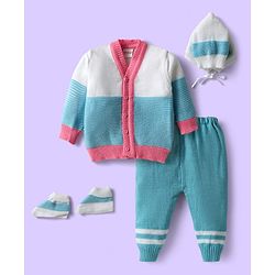 Babyhug Knit Front Open Striped & Color Block Front Open Sweater Set with Cap & Booties - Teal Blue