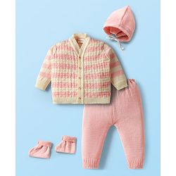 Babyhug Knit Full Sleeves Front Open Sweater Set with Cap with Knot & Booties - Pink & White