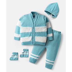Babyhug Knit Full Sleeves Front Open Sweater Set with Stripe Design Cap with Knot & Booties - Blue & White
