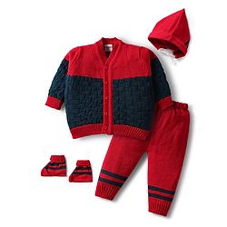 Babyhug Knit Full Sleeves Front Open Sweater Set with Color Block Design Cap with Knot & Booties - Red & Navy Blue