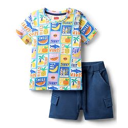 Babyhug Single Jersey Knit Half Sleeves T-Shirt & Shorts Set with Beach Theme Print - Navy Blue