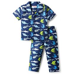 Babyhug Cotton Woven Half Sleeves Co-ords Front Open Night Suit With Fish Print - Navy Blue