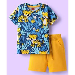 Babyhug Single Jersey Knit Half Sleeves T-Shirt & Shorts Set With Tiger Print - Navy Blue & Yellow