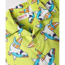 Babyhug Cotton Woven Half Sleeves Co-ords Night Suit With Shark Print - Lime Green