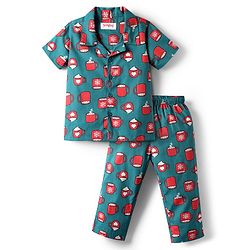 Babyhug Cotton Woven Half Sleeves Co-ords Night Suit With Cup Print - Green