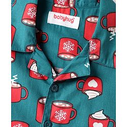 Babyhug Cotton Woven Half Sleeves Co-ords Night Suit With Cup Print - Green